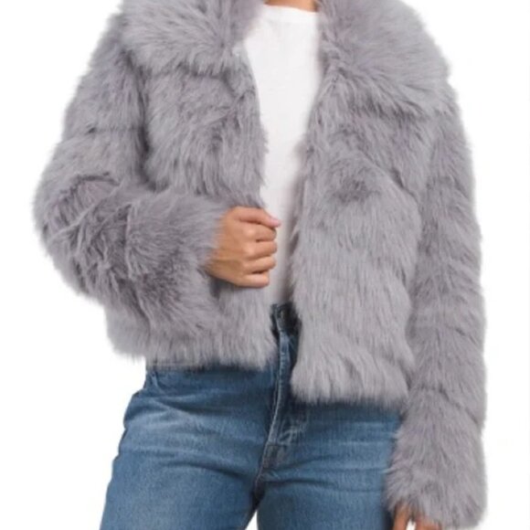 Avec Les Filles Luxurious Faux-Fur Cropped Paneled Coat in Grey Blue sz S $199 - Picture 3 of 16